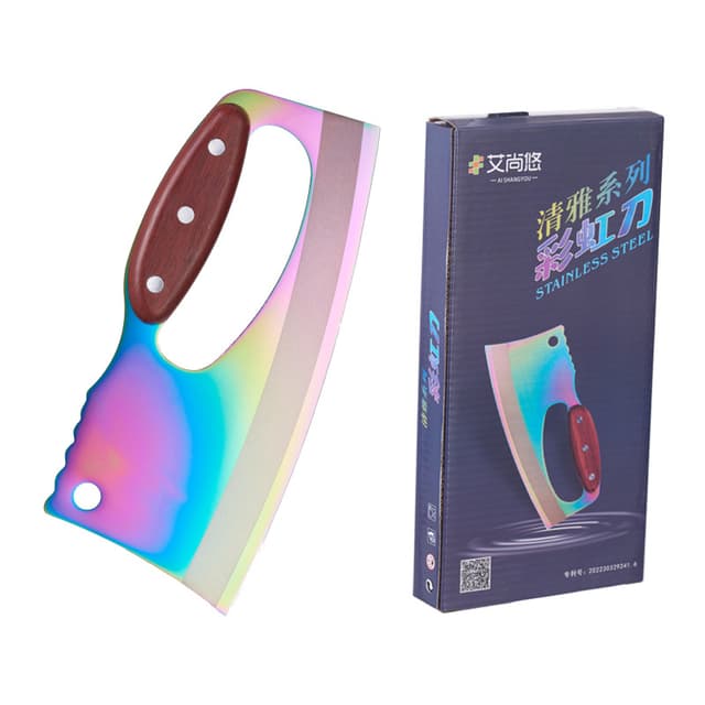 Cuchillo de cocina rústico con mango de imitación madera, vista frontal